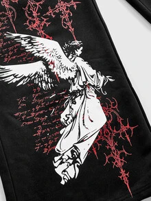 ROMWE Grunge Punk Y3K 赛博符号和圣母玛利亚天使印花女士宽松运动裤 - 黑色 - 查看 3