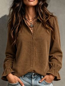 Trelyra Women's Solid Color Casual Versatile Daily Long Sleeve Shirt - Brown - View 1