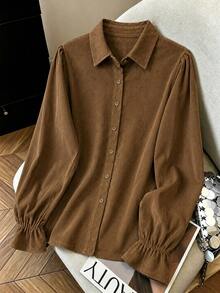 Trelyra Women's Solid Color Casual Versatile Daily Long Sleeve Shirt - Brown - View 3