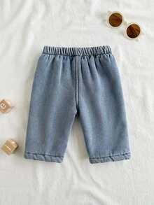 Vintaside Kids 新生兒冬季保暖內裡加厚時尚百搭休閒簡約假口袋長褲，適合寒冷天氣戶外旅行、日常休閒外出、購物、公園散步 - 藍色 - 查看 3