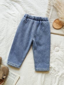Vintaside Kids 嬰兒男童女童 6M-3Y 休閒寬鬆淺色水洗丹寧彈性腰口袋抓絨內裡直筒牛仔褲 日常外出旅行 秋冬淺藍色 - 淺藍色 - 查看 3