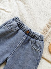 Vintaside Kids 嬰兒男童女童 6M-3Y 休閒寬鬆淺色水洗丹寧彈性腰口袋抓絨內裡直筒牛仔褲 日常外出旅行 秋冬淺藍色 - 淺藍色 - 查看 8