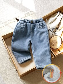 Vintaside Kids 嬰兒男童女童 6M-3Y 休閒寬鬆淺色水洗丹寧彈性腰口袋抓絨內裡直筒牛仔褲 日常外出旅行 秋冬淺藍色 - 淺藍色 - 查看 6