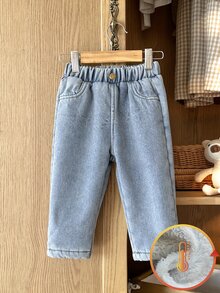 Vintaside Kids 嬰兒男童女童 6M-3Y 休閒寬鬆淺色水洗丹寧彈性腰口袋抓絨內裡直筒牛仔褲 日常外出旅行 秋冬淺藍色 - 淺藍色 - 查看 5
