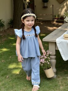 Vintaside Kids 2pcs/Set Baby Girl Floral Embroidered Denim Top And Pants Set - Multicolor - View 5