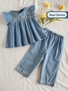 Vintaside Kids 2pcs/Set Baby Girl Floral Embroidered Denim Top And Pants Set - Multicolor - View 1