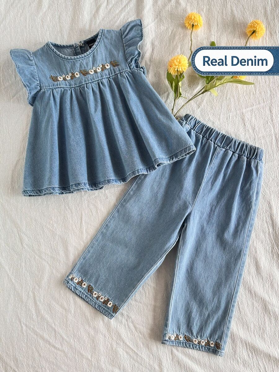 Vintaside Kids 2pcs/Set Baby Girl Floral Embroidered Denim Top And Pants Set - Multicolor - View 1