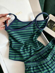 Franclia Women's Casual Striped Camisole Top And Shorts Vacation 2 Pieces Set - Green - View 3