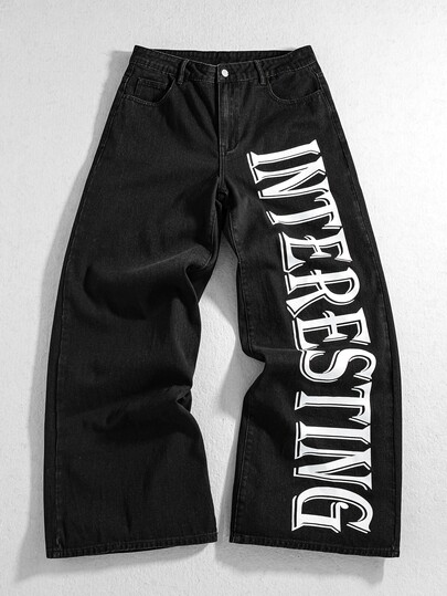 Street Life Jeans de pierna ancha con estampado de letras para hombre