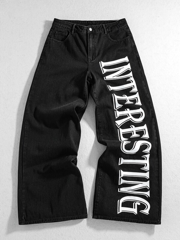 ROMWE MEN Street Life Men's Letter Print Wide Leg Jeans