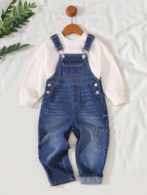 SHEIN Vintaside Kids بنطلون أوفرول بحمالات للأولاد الصغار، كاجوال بتصميم جيوب وأزرار، خفيف الوزن وقابل للتنفس، إطلالة أنيقة للخريف والشتاء