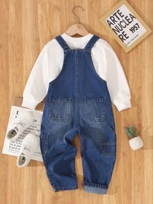 SHEIN Vintaside Kids 小男孩休閒口袋設計時尚吊帶褲，鈕扣式輕盈透氣長褲，秋冬時尚穿搭，嬰兒藍 - 中等水洗藍 - 查看 3