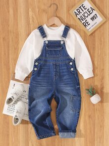 SHEIN Vintaside Kids 小男孩休閒口袋設計時尚吊帶褲，鈕扣式輕盈透氣長褲，秋冬時尚穿搭，嬰兒藍 - 中等水洗藍 - 查看 9