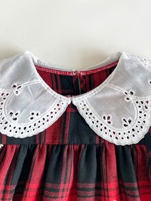 Maija Kids Maija Kids 女童小女孩秋冬刺繡翻領蕾絲領梭織格紋拼接長袖洋裝，復古公主風紅色校園婚禮禮服 - 紅色 - 查看 4
