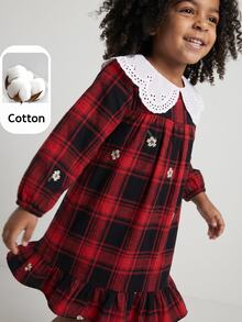 Maija Kids Maija Kids 女童小女孩秋冬刺繡翻領蕾絲領梭織格紋拼接長袖洋裝，復古公主風紅色校園婚禮禮服 - 紅色 - 查看 6