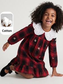 Maija Kids Maija Kids 女童小女孩秋冬刺繡翻領蕾絲領梭織格紋拼接長袖洋裝，復古公主風紅色校園婚禮禮服 - 紅色 - 查看 2