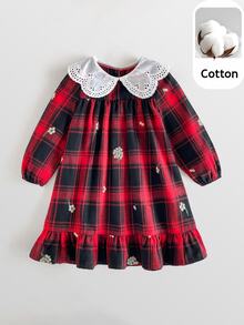 Maija Kids Maija Kids 女童小女孩秋冬刺繡翻領蕾絲領梭織格紋拼接長袖洋裝，復古公主風紅色校園婚禮禮服 - 紅色 - 查看 7