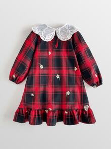 Maija Kids Maija Kids 女童小女孩秋冬刺繡翻領蕾絲領梭織格紋拼接長袖洋裝，復古公主風紅色校園婚禮禮服 - 紅色 - 查看 3