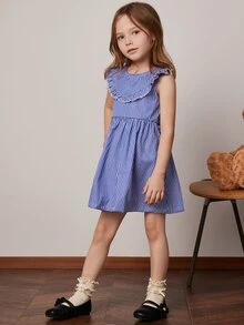 PrepCrw Young Girls' Fitted Round Neck Woven Dress, Blue Color, Spring/Summer - Blue and White - View 3