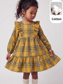 Maija Kids Maija Kids 女童小女孩優雅休閒精緻百搭黃色格紋刺繡長袖洋裝，適合外出休閒，秋冬款 - 黃色 - 查看 7