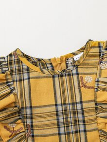 Maija Kids Maija Kids 女童小女孩優雅休閒精緻百搭黃色格紋刺繡長袖洋裝，適合外出休閒，秋冬款 - 黃色 - 查看 3