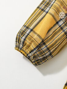 Maija Kids Maija Kids 女童小女孩優雅休閒精緻百搭黃色格紋刺繡長袖洋裝，適合外出休閒，秋冬款 - 黃色 - 查看 5