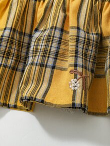 Maija Kids Maija Kids 女童小女孩優雅休閒精緻百搭黃色格紋刺繡長袖洋裝，適合外出休閒，秋冬款 - 黃色 - 查看 4