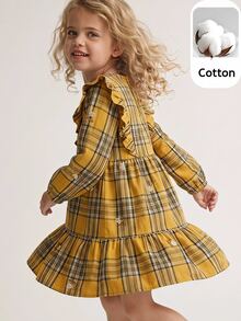 Maija Kids Maija Kids 女童小女孩優雅休閒精緻百搭黃色格紋刺繡長袖洋裝，適合外出休閒，秋冬款 - 黃色 - 查看 2