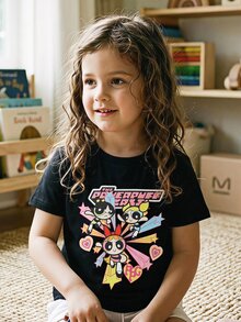 THE POWERPUFF GIRLS X SHEIN 女童卡通可愛印花休閒短袖圓領T恤，適合室內外穿著，舒適休閒 - 黑色 - 查看 2