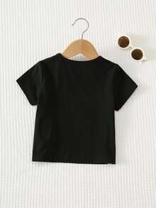 THE POWERPUFF GIRLS X SHEIN 女童卡通可愛印花休閒短袖圓領T恤，適合室內外穿著，舒適休閒 - 黑色 - 查看 3