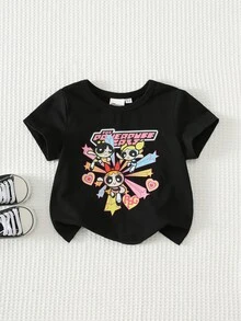 THE POWERPUFF GIRLS X SHEIN 女童卡通可愛印花休閒短袖圓領T恤，適合室內外穿著，舒適休閒 - 黑色 - 查看 7