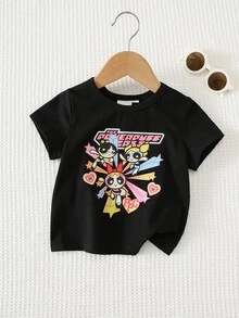 THE POWERPUFF GIRLS X SHEIN 女童卡通可愛印花休閒短袖圓領T恤，適合室內外穿著，舒適休閒 - 黑色 - 查看 6