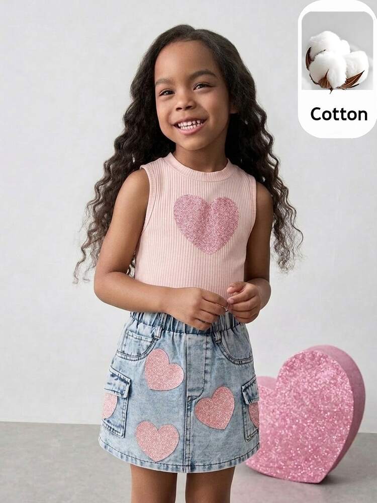 Maija Kids Maija Kids 2pcs/Set Young Girl Casual Minimalist Comfortable Round Neck Sleeveless Top With Pocket & Denim A-Line Skirt Set, Young Girls - Pink - View 1