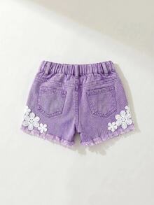 Maija Kids Maija Kids Young Girl Young Girl Hollow Embroidery Design Frayed Hem Denim Shorts - Purple - View 2