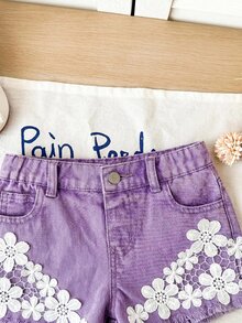 Maija Kids Maija Kids Young Girl Young Girl Hollow Embroidery Design Frayed Hem Denim Shorts - Purple - View 5