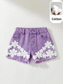 Maija Kids Maija Kids Young Girl Young Girl Hollow Embroidery Design Frayed Hem Denim Shorts - Purple - View 1