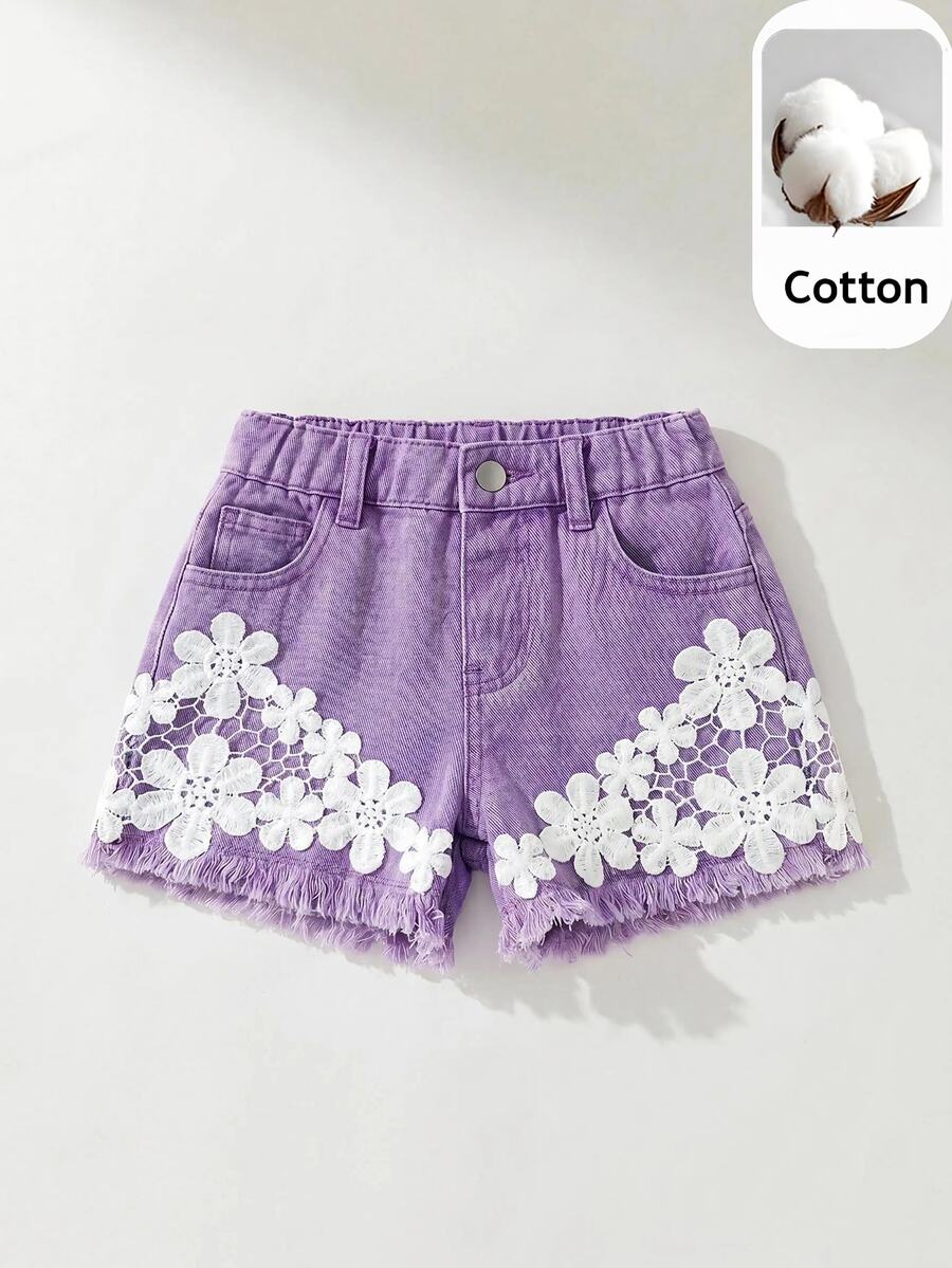 Maija Kids Maija Kids Young Girl Young Girl Hollow Embroidery Design Frayed Hem Denim Shorts - Purple - View 1