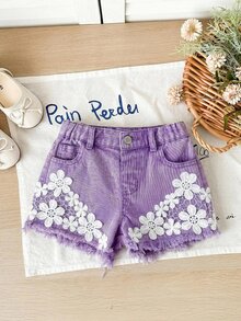 Maija Kids Maija Kids Young Girl Young Girl Hollow Embroidery Design Frayed Hem Denim Shorts - Purple - View 8