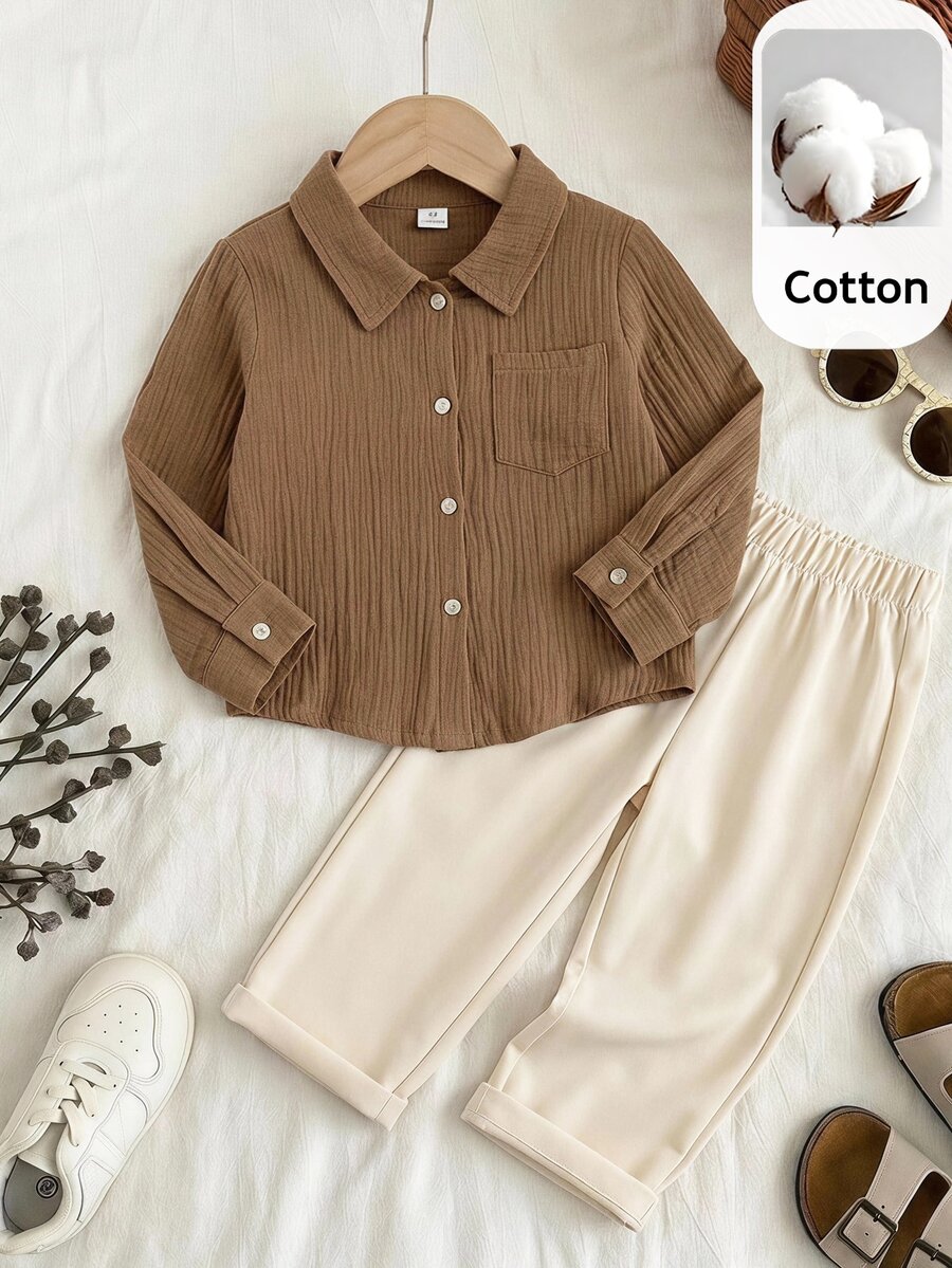 PrepCrw Young Boys Casual Daily Versatile Comfortable Fashion Soft Comfortable Shirt And Long Pants 2 Pieces Set Suitable For Spring Summer Autumn Seasons Suitable For Daily Wear Suitable For School Suitable For Gatherings Suitable For Holidays Suitable For Performances Suitable For Photography - Multicolor - View 1