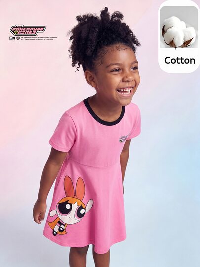 THE POWERPUFF GIRLS X SHEIN Maija Kids Gaun Rajut Lembut Lengan Pendek Leher Bulat Motif Kartun Hewan untuk Anak Perempuan