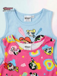 THE POWERPUFF GIRLS X SHEIN Maija Kids 2pcs/Set Young Girl IP Cartoon Pattern Knit Soft Round Neck Sleeveless Waist Fitted Basic Sleeveless Dress - Multicolor - View 9