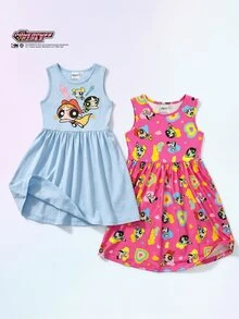 THE POWERPUFF GIRLS X SHEIN Maija Kids 2pcs/Set Young Girl IP Cartoon Pattern Knit Soft Round Neck Sleeveless Waist Fitted Basic Sleeveless Dress - Multicolor - View 7