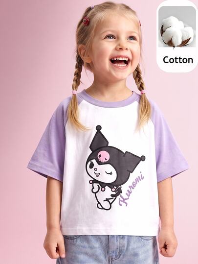 Maija Kids HELLO KITTY AND FRIENDS | SHEIN Maija Kids Young Girl Young Girls Cartoon Print Colorblock Raglan Crew Neck Short Sleeve T-Shirt, Back To School, Outings, Casual Gatherings White Summer