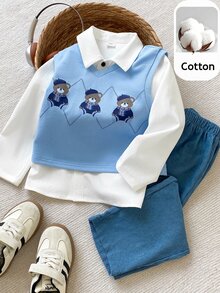 PrepCrw 3件組兒童小男孩優雅學院風休閒戒童生日套裝，精緻可愛熊圖案白色V領背心搭配藍色長褲，秋季款 - 藍白色 - 查看 4