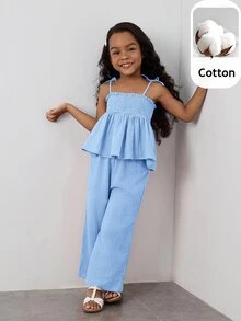 Maija Kids Maija Kids 2pcs/Set Girls Loose Casual Camisole & Wide Leg Pants Set - Baby Blue - View 1