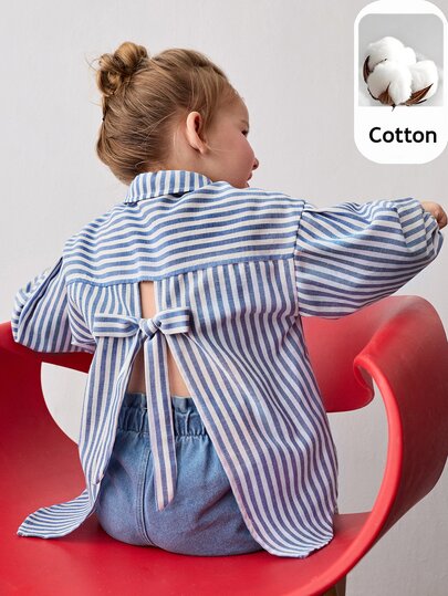 Maija Kids Maija Kids Young Girl Blue & White Striped Loose Casual Shirt With Bow Tie Back Decoration And Turndown Collar
