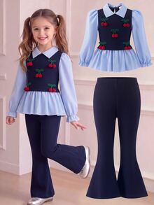 Toddler Girls 2pcs Polyester Lapel Collar Long Sleeve Striped Ruffle Applique Long Regular Fit Princess Shirt Set Back To School Fall Blue - Blue - View 9