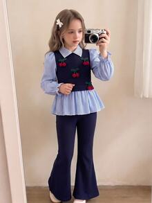 Toddler Girls 2pcs Polyester Lapel Collar Long Sleeve Striped Ruffle Applique Long Regular Fit Princess Shirt Set Back To School Fall Blue - Blue - View 6