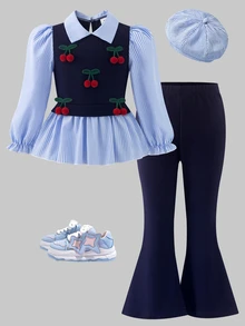 Toddler Girls 2pcs Polyester Lapel Collar Long Sleeve Striped Ruffle Applique Long Regular Fit Princess Shirt Set Back To School Fall Blue - Blue - View 3