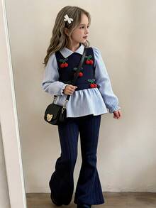 Toddler Girls 2pcs Polyester Lapel Collar Long Sleeve Striped Ruffle Applique Long Regular Fit Princess Shirt Set Back To School Fall Blue - Blue - View 1